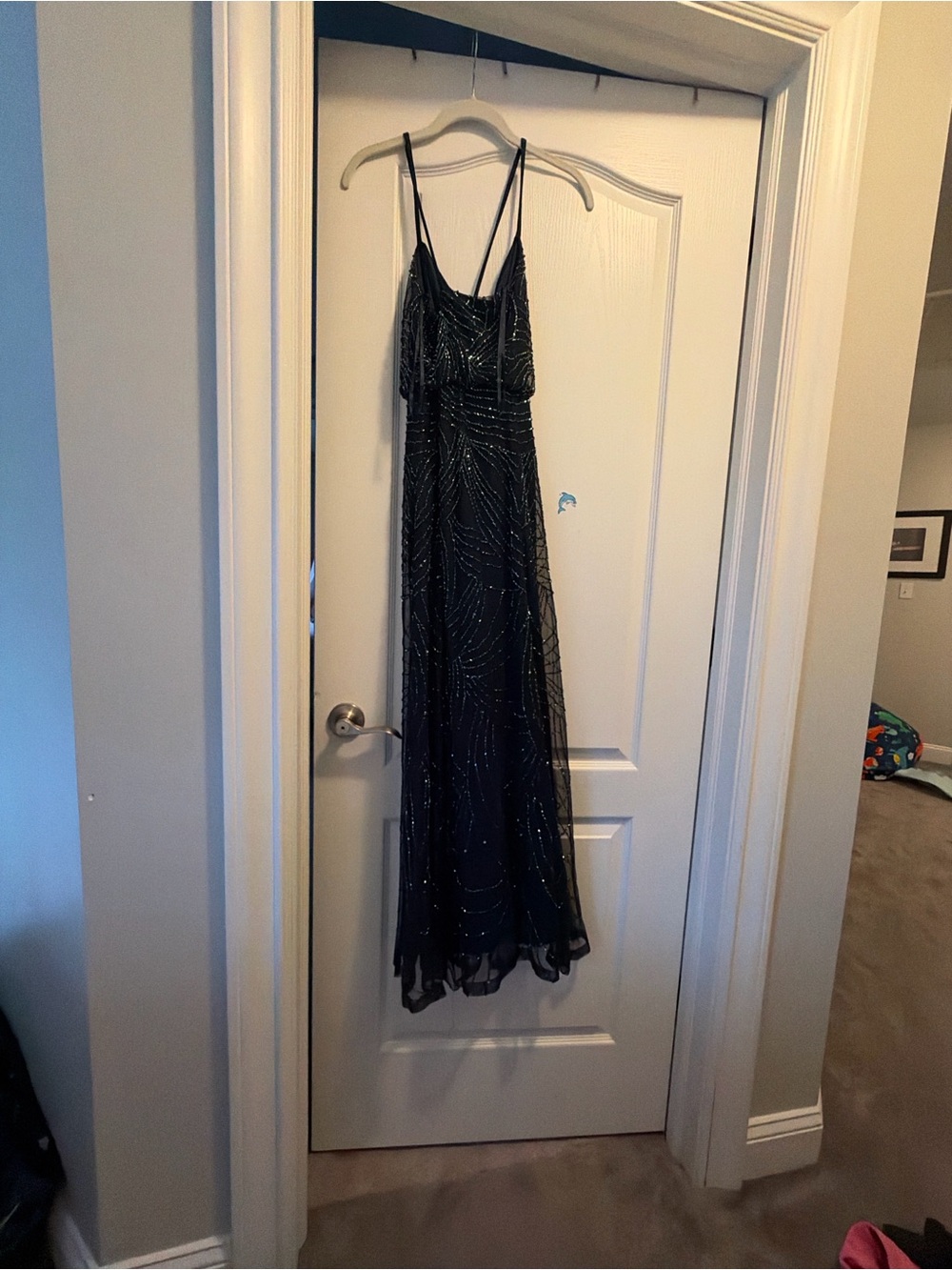 Strappy Navy Blue Beaded Evening Gown